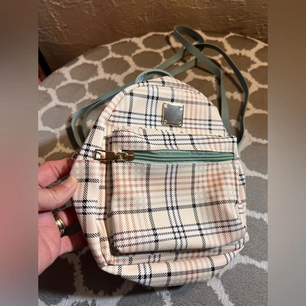Plaid Mini Backpack with Blue Straps